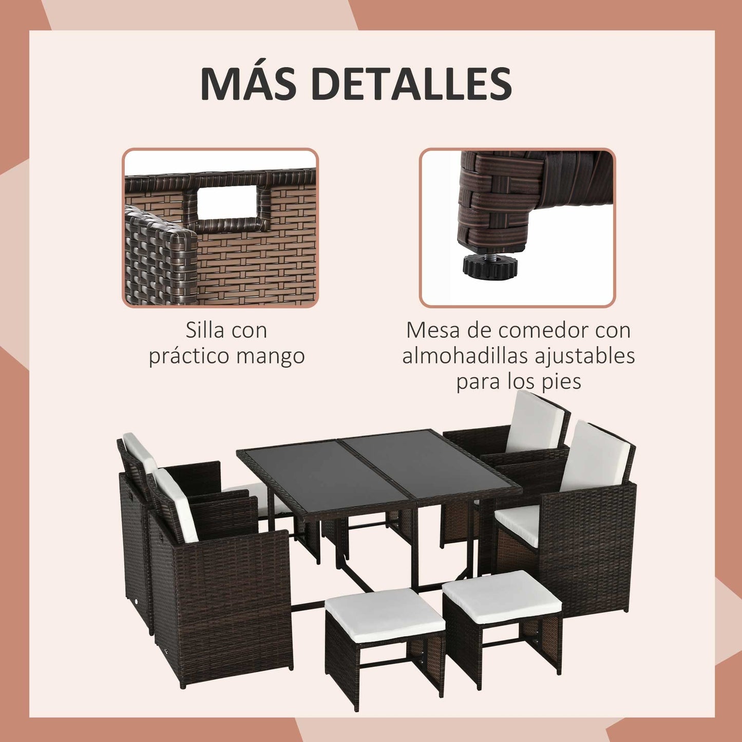 Outsunny Conjunto de Muebles de Jardín Comedor 9 Piezas de Ratán Apilables con Cojines para Terraza 1 Mesa 4 Sillas y 4 Taburetes de Exterior Elegante Marrón