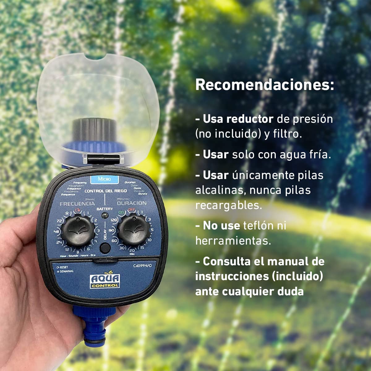 Aqua Control C4099O Programador de Riego para Jardín, Para todo tipo de Grifos, Apertura a 0 Bar, Color Azul