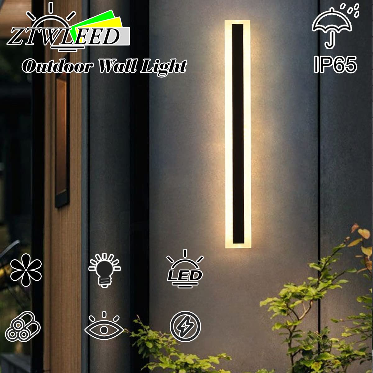 ZTWLEED Aplique Pared Exterior,8W 40CM Aplique Exterior Largo,Aplique de Diseño Impermeables IP65,Blanco Cálido 3000K，AC220V Aplique de Exterior LED Negro