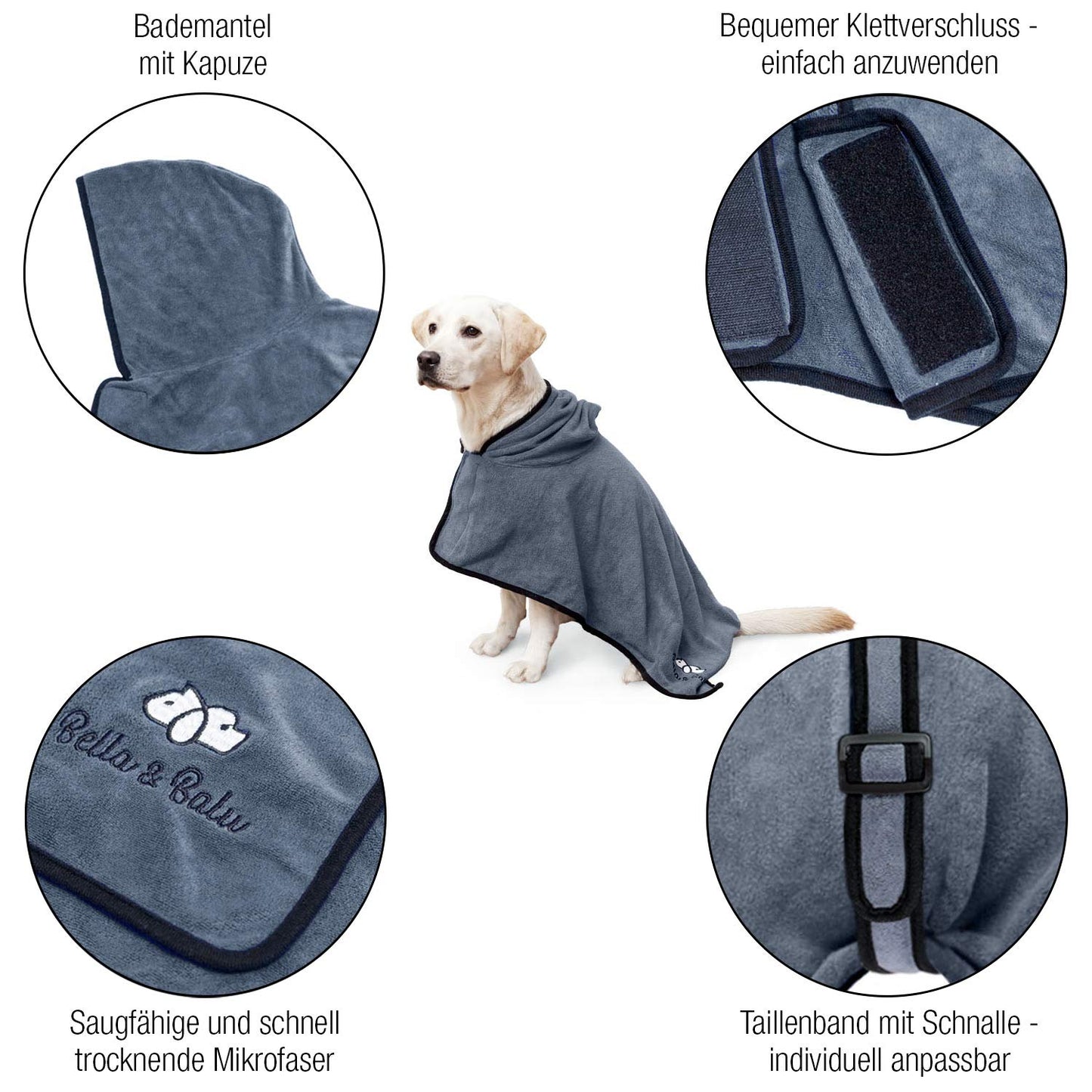 Bella & Balu Albornoz para Perro S de Microfibra Absorbente – Toalla para Perros para Secado Tras el baño o el Paseo bajo la Lluvia (6 Tallas - 3 Colores)