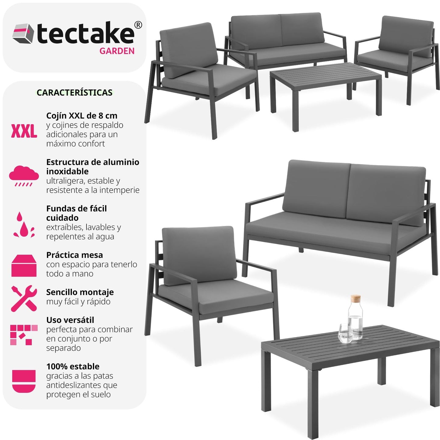 TecTake® Conjunto Muebles Jardín Exterior de Aluminio, 2 Sillones 1 Sofá y 1 Mesa, Mesa y Sillas de Terraza Resistentes a Intemperie, Topes en Patas, Cojines Extragruesos, Fundas Extraíbles - Gris