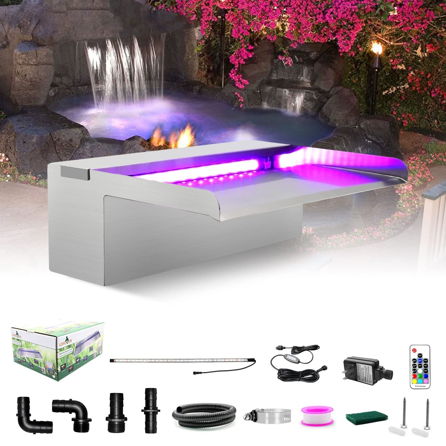 LONGRUN Aliviadero de Cascada en Forma de S Fuente de Piscina acrílica con luz LED Que Cambia de Color, Kit de cascadas de estanques al Aire Libre para Piscina de Patio de jardín - 19x42.5x25cm