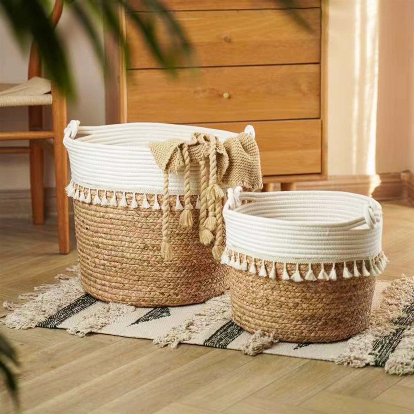 KMERCE 3pcs Cesta para Plantas, Macetero Mimbre, Macetas Decorativas Interior y Exterior, Cesto de jardín Seagrass con Asas, Cesta de Almacenamiento, Diámetro18cm,22cm,26cm