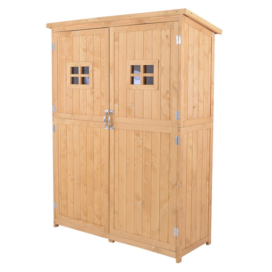 Outsunny Cobertizo de Madera Caseta de Jardín Exterior Armario Herramientas de Jardinería con Estantes Doble Puerta Ventanas y Techo Asfáltico 127,5x50x164 cm Natural