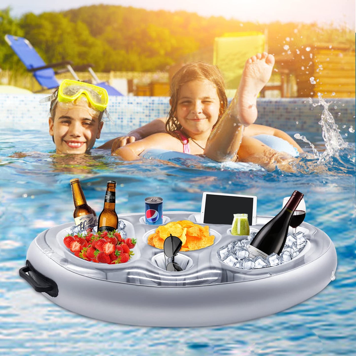 AMOBON Hinchables Posavasos Piscina, 8 Agujeros Flotador Bar Piscina, Soporte para Vasos de Bebidas Accesorios Adultos para Piscina Fiesta Playa (Black)