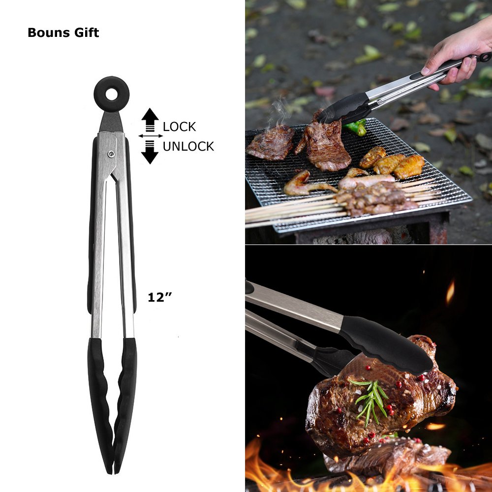 BEEWAY Set 5 Alfombrillas para Barbacoa, bandejas antiadherentes para Barbacoa de carbón, Gas o eléctrica, Reutilizables y fáciles de Limpiar, Incluye Pinzas de 30.5 cm para Barbacoa