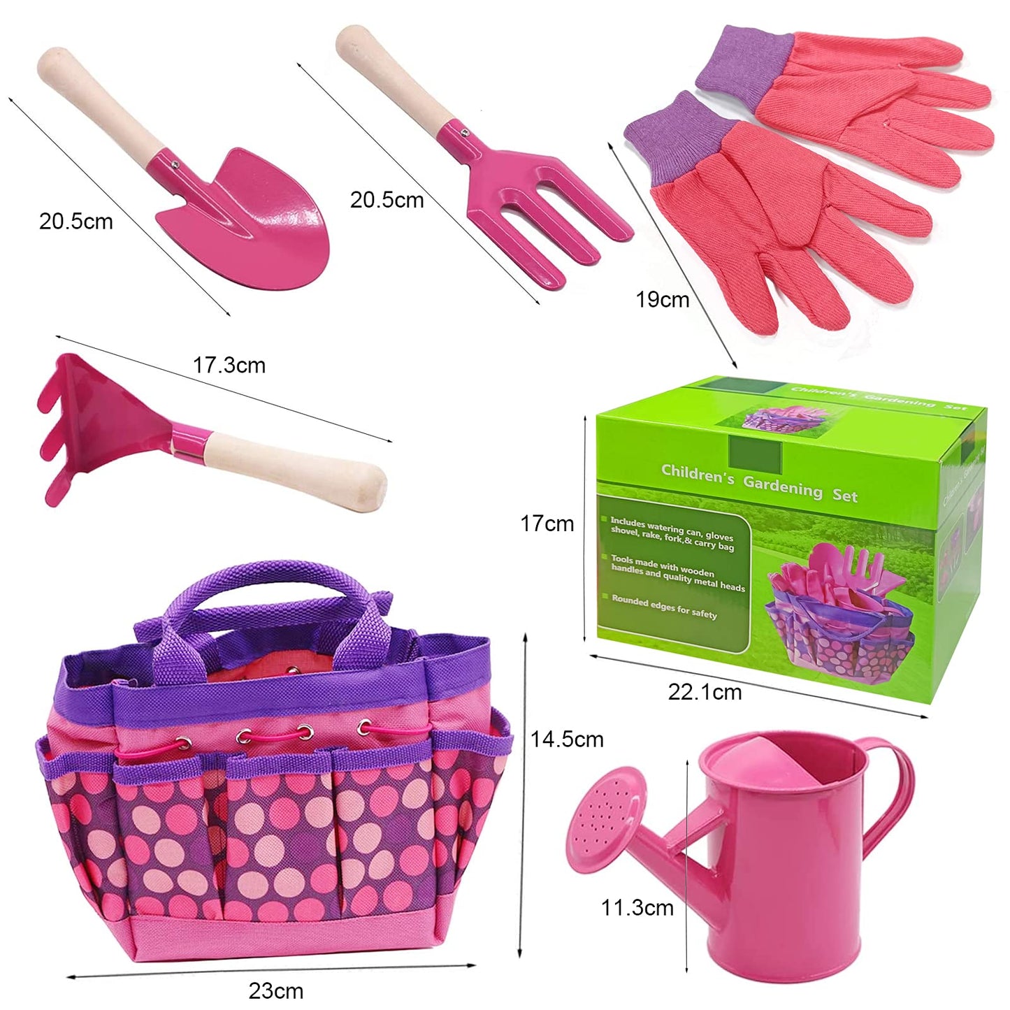 Huahuanghui Juego de jardinería,6 Piezas Kit de jardín para niños,Bolsa para niños de Herramientas de jardín,Herramientas de jardín para niños,Bolsa de Guantes de jardín,Kit Jardinería Niños Guantes