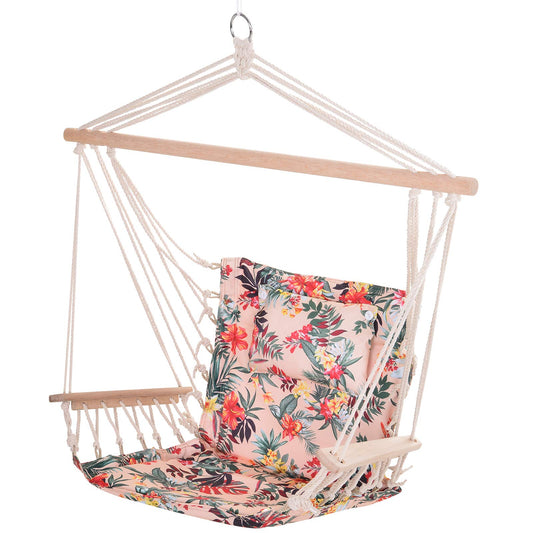 Outsunny Silla Colgante Estampado Floral Hamaca con Cojín Reposacabezas para Interior Exterior 100x106 cm Carga Máx. 100 kg