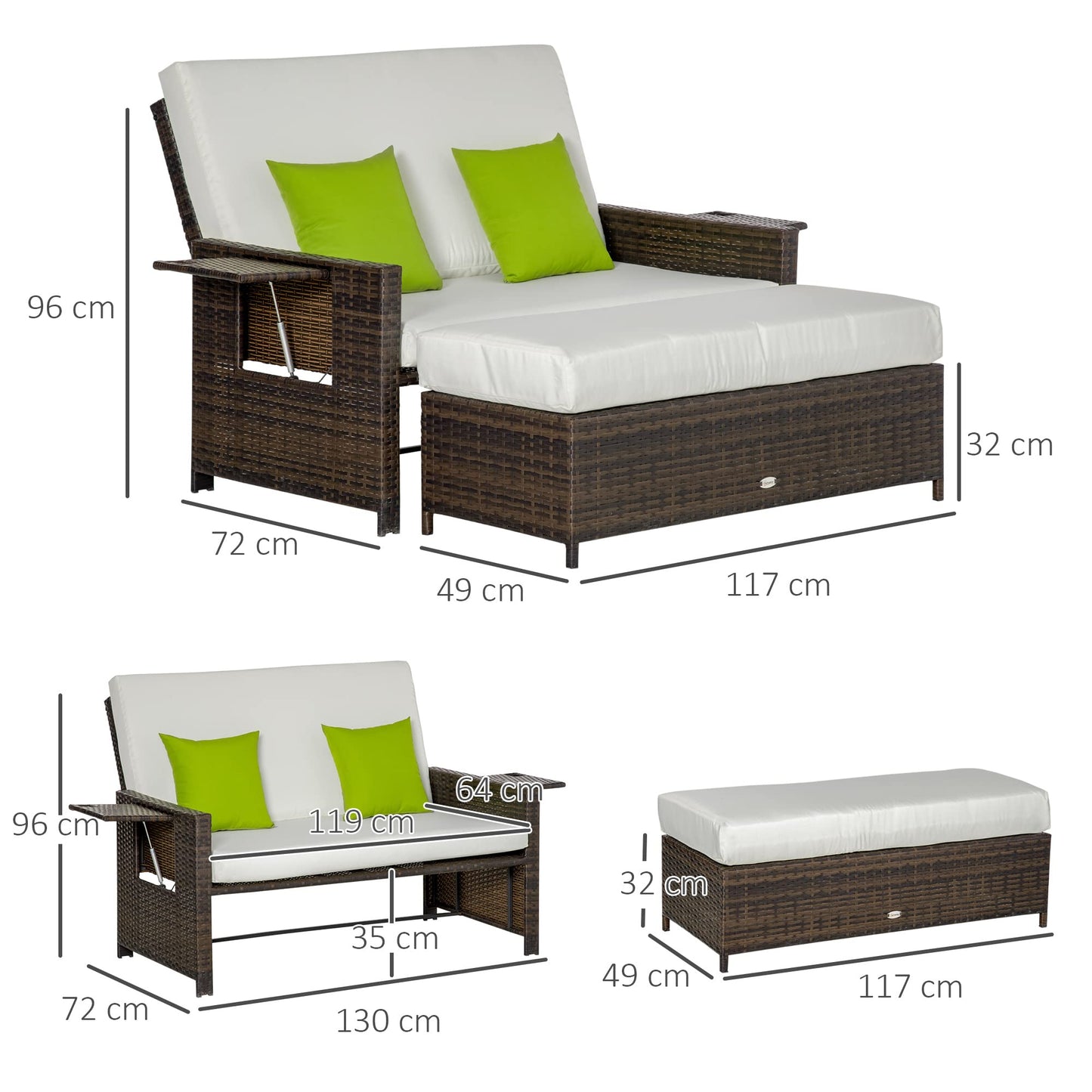 Outsunny Sofá de Ratán de 2 Plazas con Mesitas y Reposapiés de Almacenaje Tumbona de Jardín con Respaldo Inclinable y Cojines Gruesos Desenfundables 130x72x96 cm Marrón y Beige