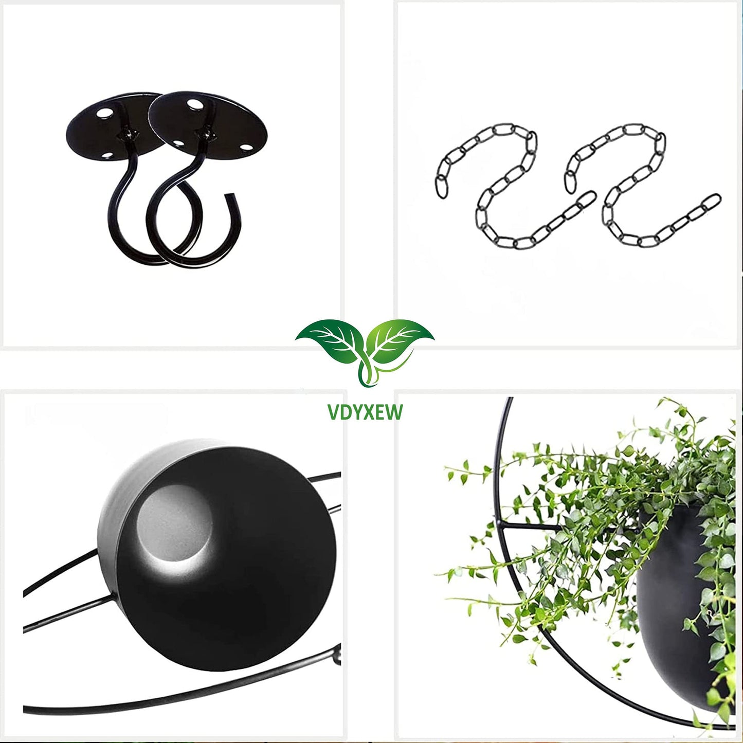 VDYXEW Maceta de Metal para Colgar, maceteros Colgantes para Plantas Interiores y Exteriores, con Gancho de Metal, macetero Colgante para decoración del hogar, Color Negro (2 Unidades)