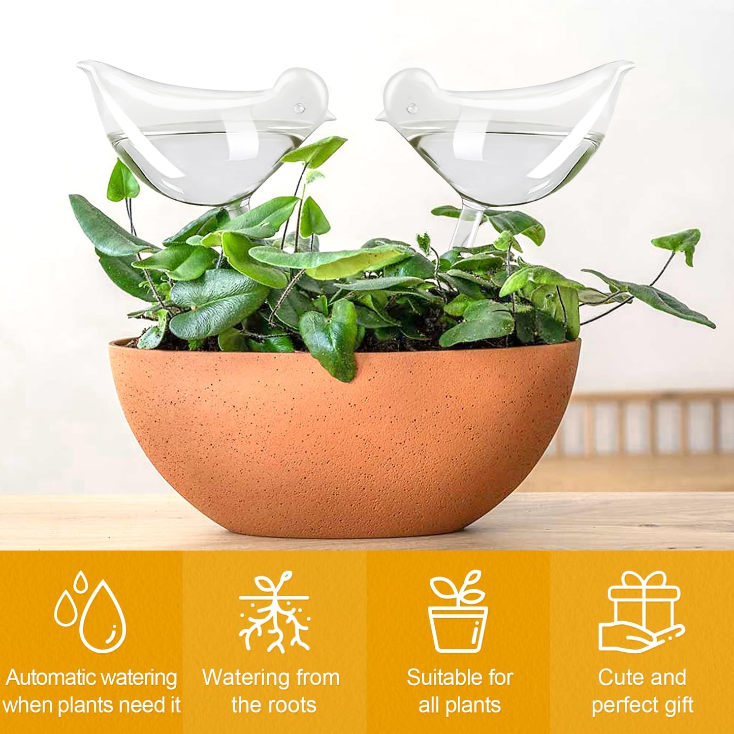 REUUY KiKiHome - Goteros de agua para plantas, bombillas de vidrio para plantas, globos de riego automático para plantas, dispositivo de riego automático para plantas de interior y exterior, 2 pájaros