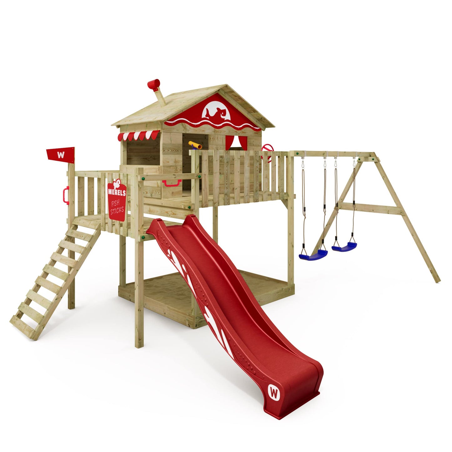 WICKEY Parque Infantil Smart Coast con Columpio y tobogán Rojo, Torre de Escalada Infantil de Exterior con arenero, Escalera y Accesorios de Juego para el jardín