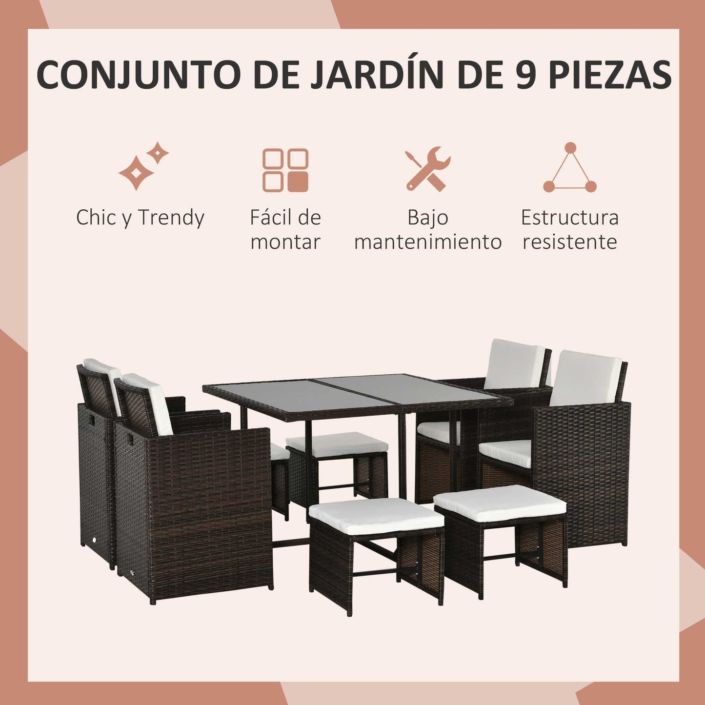 Outsunny Conjunto de Muebles de Jardín Comedor 9 Piezas de Ratán Apilables con Cojines para Terraza 1 Mesa 4 Sillas y 4 Taburetes de Exterior Elegante Marrón