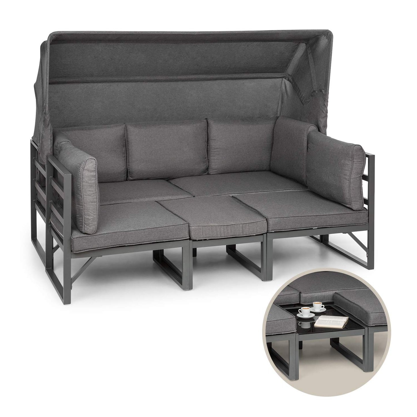 blumfeldt Ravenna - Set Lounge de 4 Piezas, Sofá de 3 plazas, 2 sillones, Mesa de Centro, Estructura Aluminio, Recubrimiento en Polvo, Techo Protector, Cojines adicionales, Fundas de poliéster, Gris