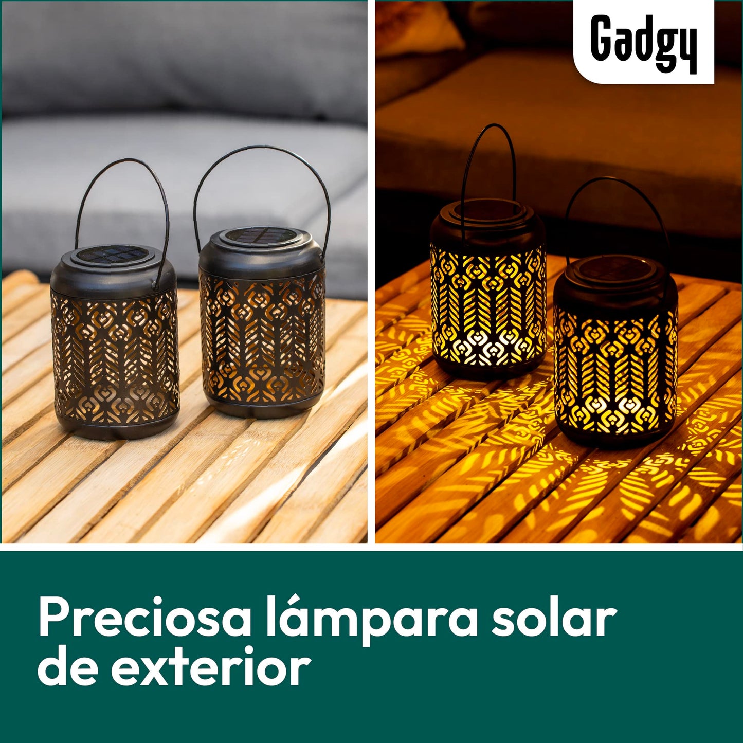 Gadgy Farolillos Solares Exterior | Juego De 2 | Farolas De Jardin y Terraza | Luces LED | Luz Solar de Metal Negro y Dorado | IP65 Impermeable