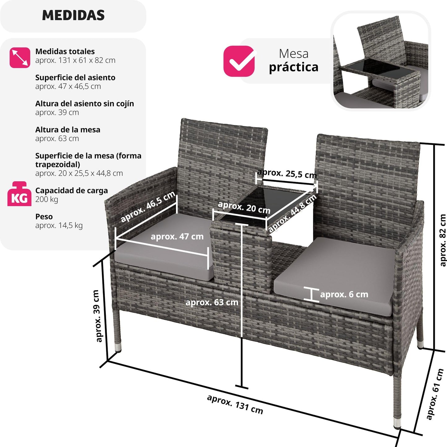 tectake® Banco de poliratán con cojines, Muebles Jardin Exterior, Mesita Cristal Integrada, Fácil de Limpiar, Conjunto Jardin Exterior, Muebles Terraza, Sillones Jardin Exterior - Negro