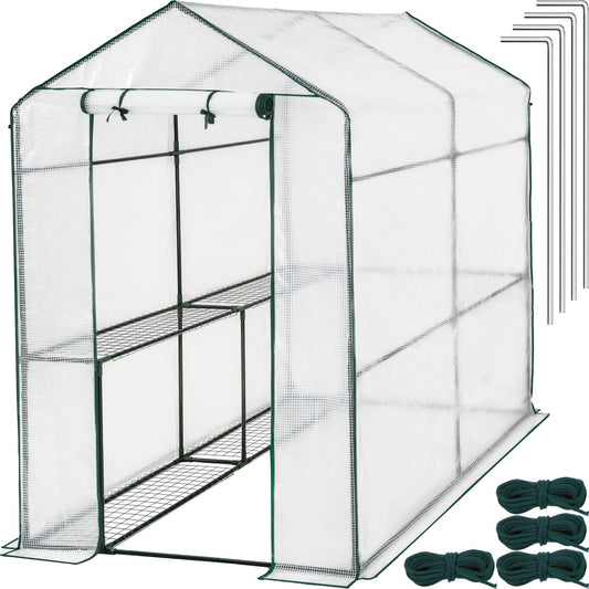 tectake® Invernadero Exterior con 4 Baldas Metálicas de Rejilla, Cubierta de PE contra UVA, Invernadero Terraza 186x120x190cm, Caseta Jardin Exterior con Cuerdas Tensoras y Piquetas, Fácil Montaje