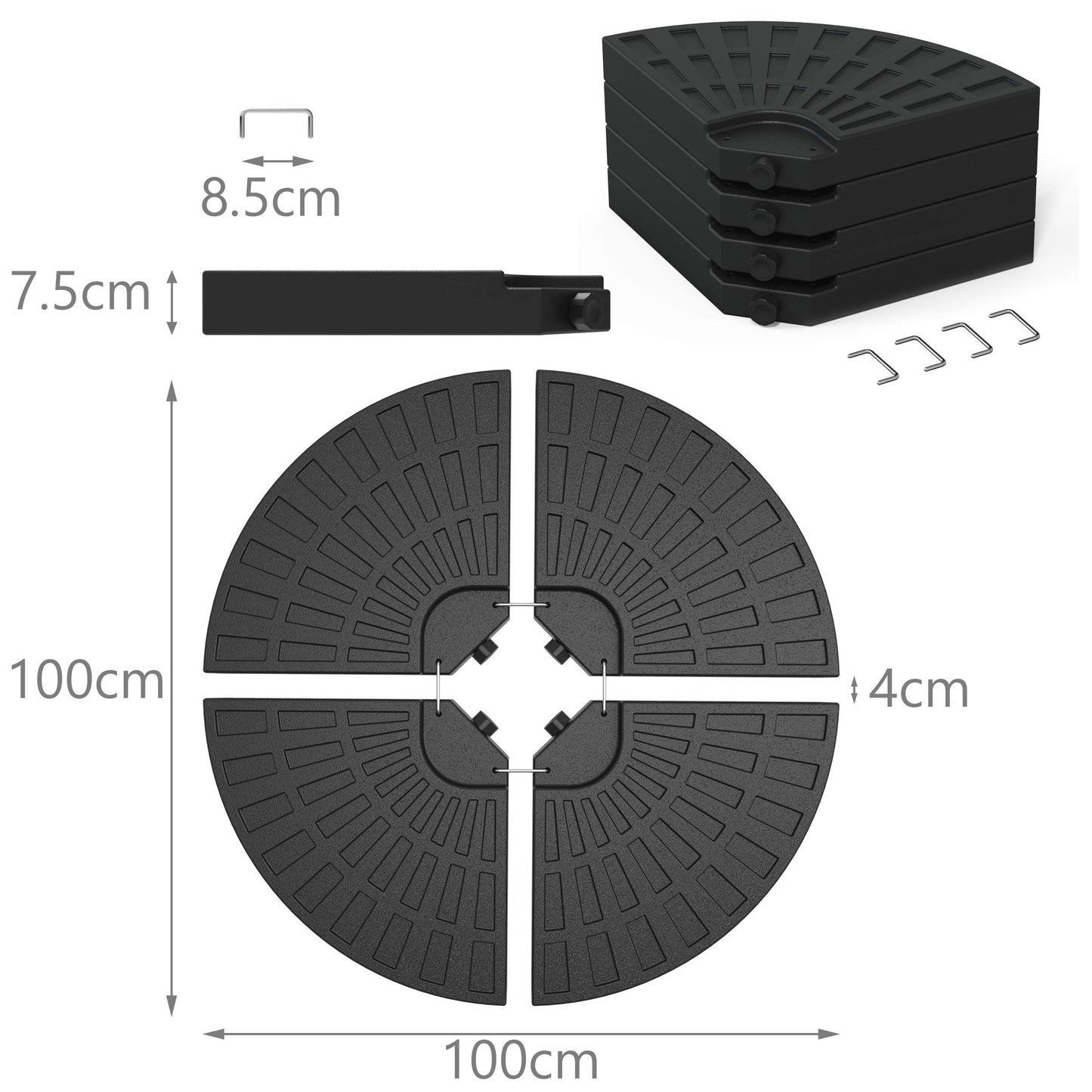 VOUNOT Base para Sombrilla, 4 Piezas de HDPE, Redonda Soporte Parasol o Paraguas, Rellenable con Arena 100kg o Agua 52L, para Jardin Patio Terraza, Negro