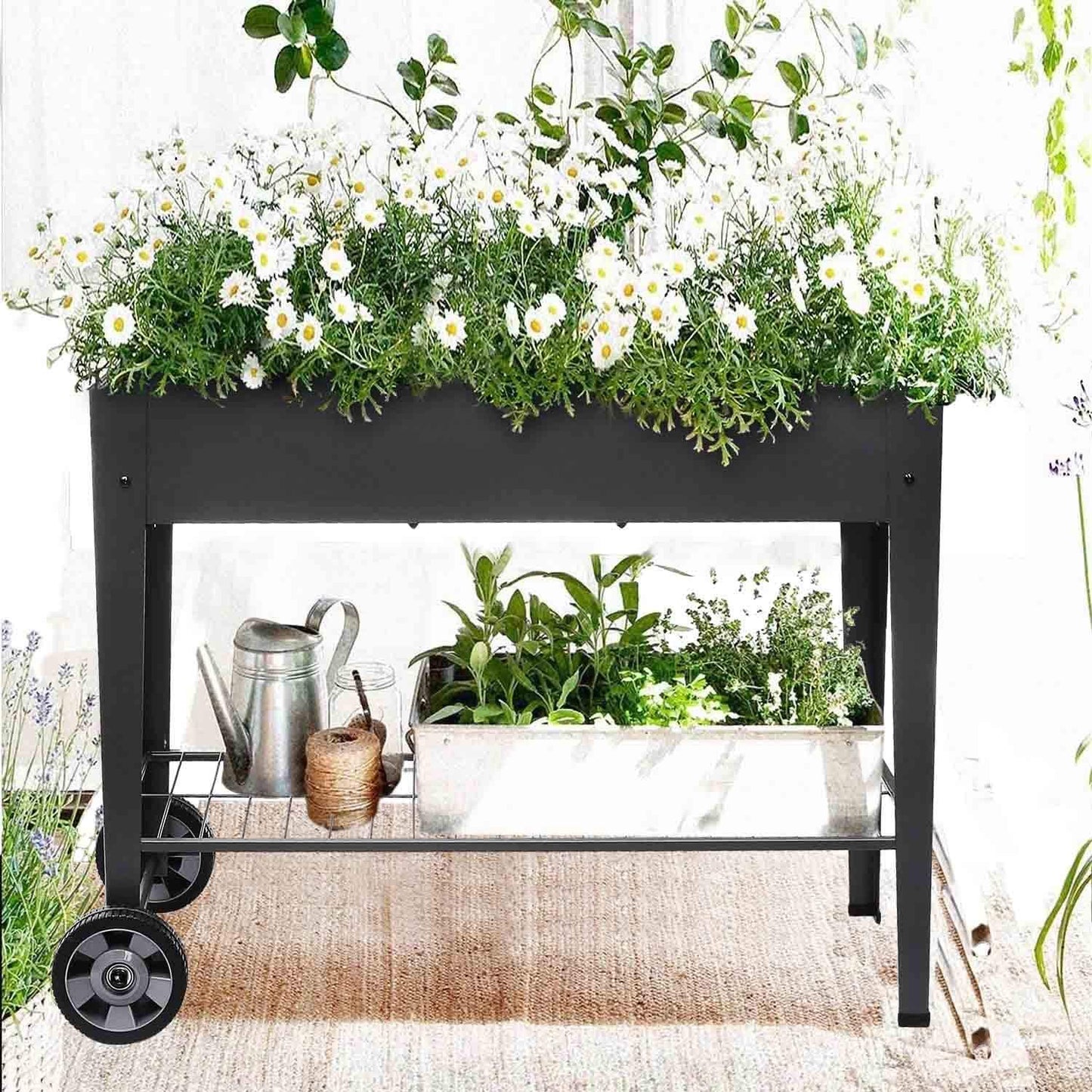 KHOMO GEAR Huerto Urbano Carrito Galvanizado Elevado para Cultivo en Casa Plantas Frutas Verduras Terraza Jardín Interior Exterior - Negro