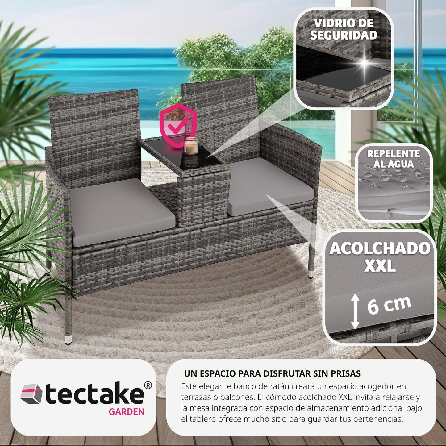 tectake® Banco de poliratán con cojines, Muebles Jardin Exterior, Mesita Cristal Integrada, Fácil de Limpiar, Conjunto Jardin Exterior, Muebles Terraza, Sillones Jardin Exterior - Negro