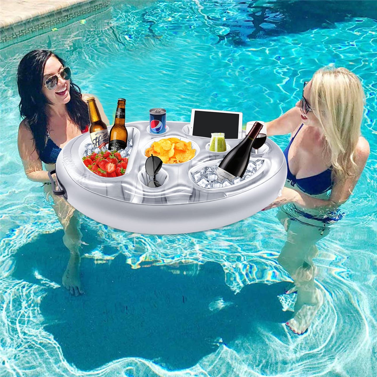 AMOBON Hinchables Posavasos Piscina, 8 Agujeros Flotador Bar Piscina, Soporte para Vasos de Bebidas Accesorios Adultos para Piscina Fiesta Playa (Black)