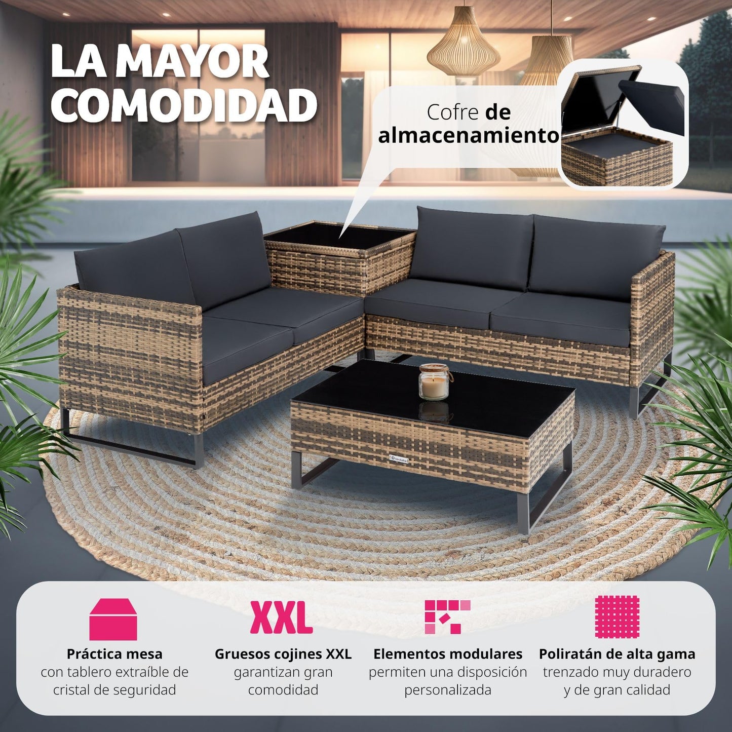 tectake® Conjunto Jardín de Ratán con Cojines Gruesos, Muebles Jardín Exterior 2 Sofás, 1 Mesa con Cristal, 1 Caja Almacenamiento, Conjunto Terraza Resistente a Rayos UV, Estructura en Acero - natural