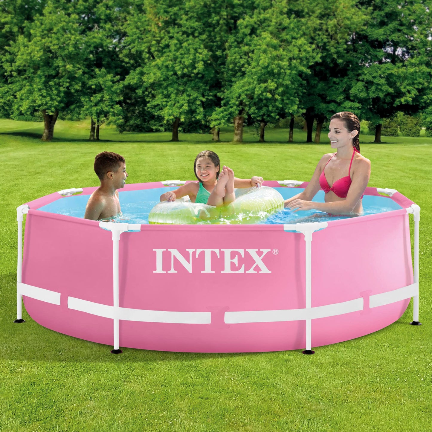 Intex 55257 - Piscina Desmontable Redonda Metal Frame Familiar Color Rosa, Medidas Ø244x76 cm, Capacidad 2,843 litros, Material Resistente Triple Capa, Tubular, Infantil