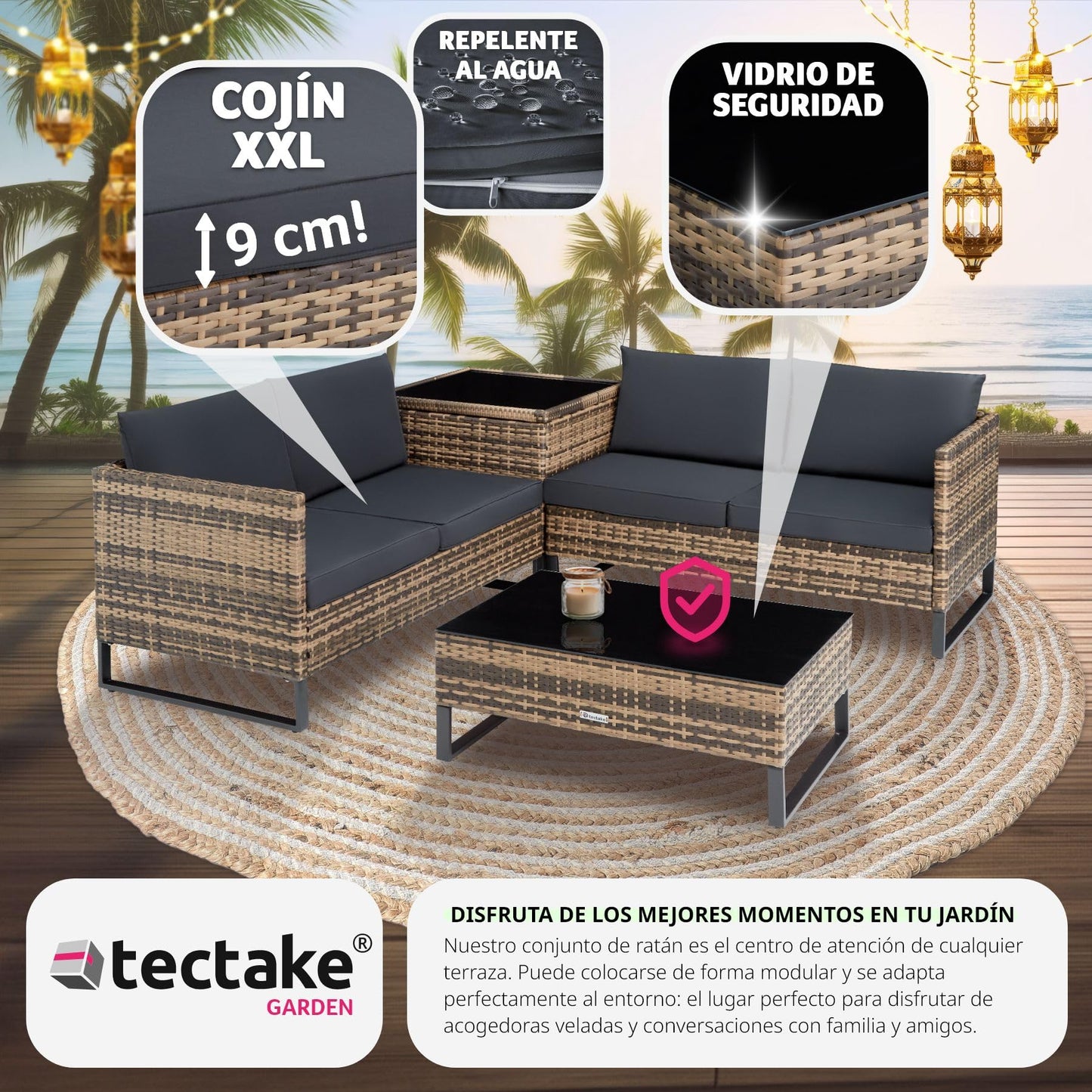 tectake® Conjunto Jardín de Ratán con Cojines Gruesos, Muebles Jardín Exterior 2 Sofás, 1 Mesa con Cristal, 1 Caja Almacenamiento, Conjunto Terraza Resistente a Rayos UV, Estructura en Acero - natural