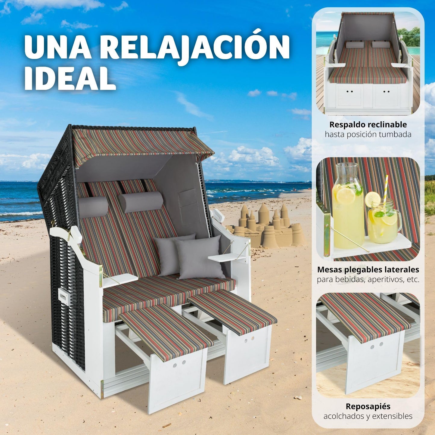 TecTake 800805 Sillón de Playa, Tumbona, Hamaca para jardín XXL, Banco Doble con toldo + Funda Protectora + 4 Cojines (Negro/Gris/marrón)