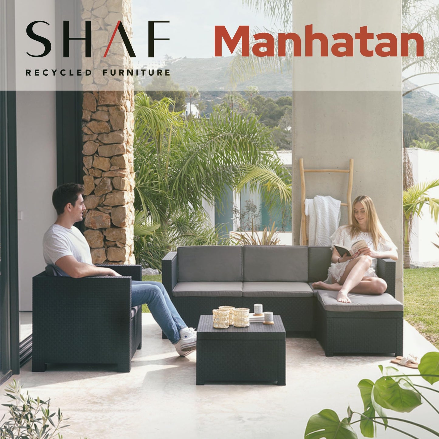 Shaf - Manhattan | Set Muebles de Salon Exterior - Conjunto Muebles Jardin Exterior 5 Plazas | Fabricado en España con Materiales Reciclados - Color Grafito