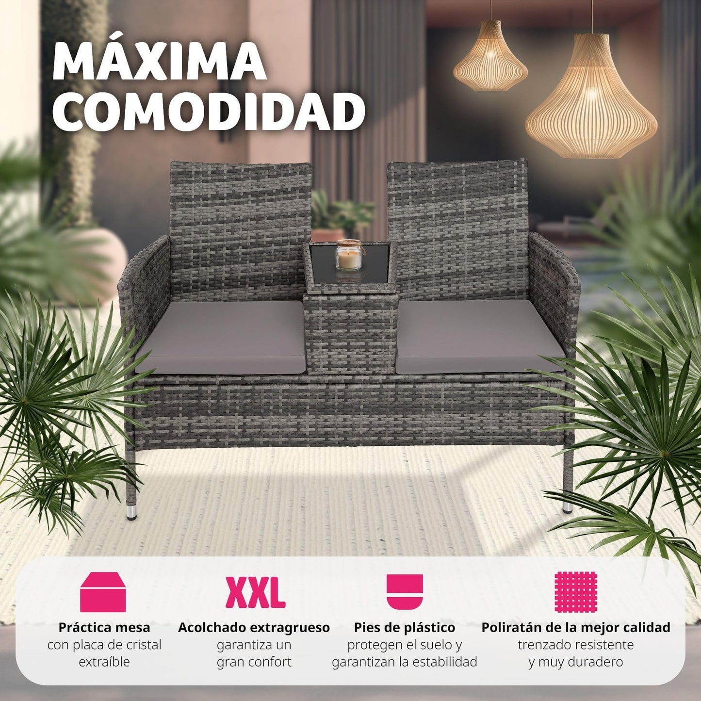 tectake® Banco de poliratán con cojines, Muebles Jardin Exterior, Mesita Cristal Integrada, Fácil de Limpiar, Conjunto Jardin Exterior, Muebles Terraza, Sillones Jardin Exterior - Negro