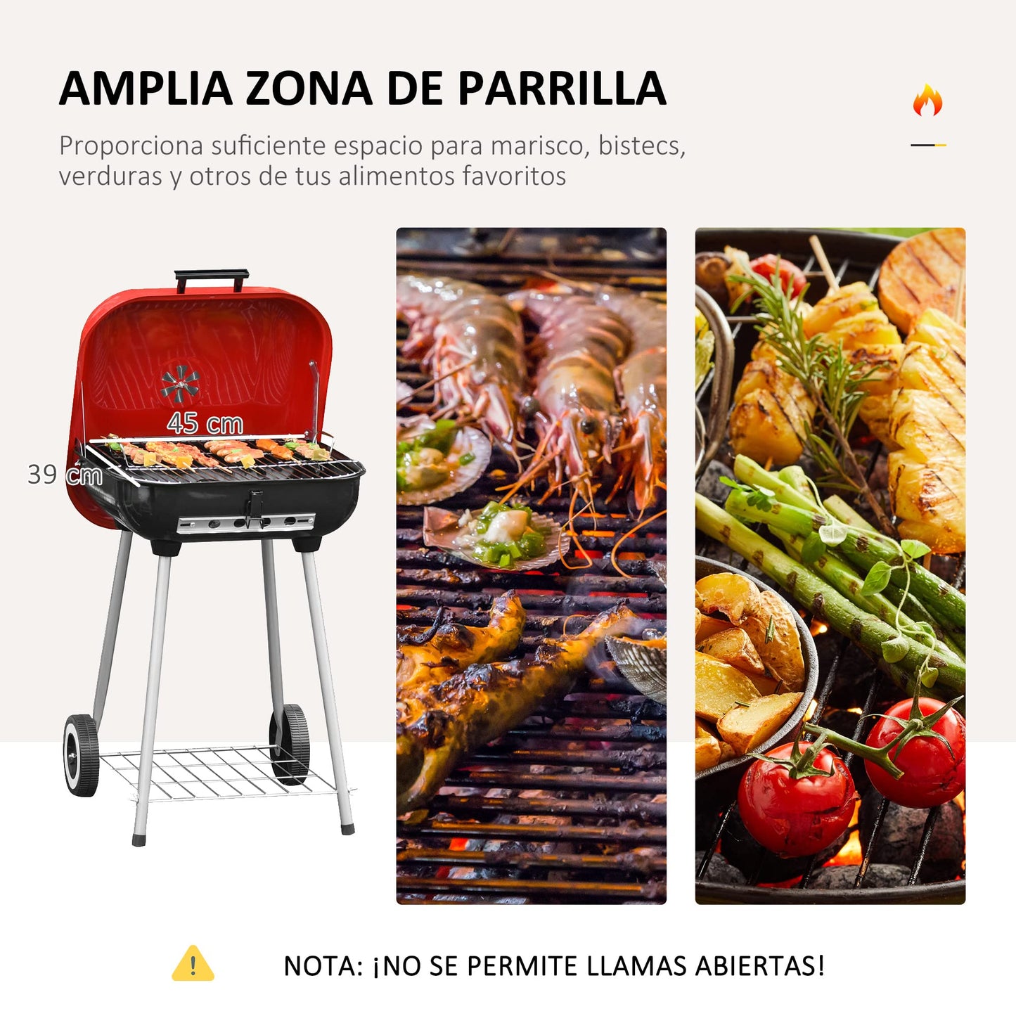 Outsunny Barbacoa de Carbón Picnic con Ruedas y Estante Parilla de Carbón Vegetal BBQ Jardín Exterior Ahumador Parilla Acampada 48x52,5x79,5 cm