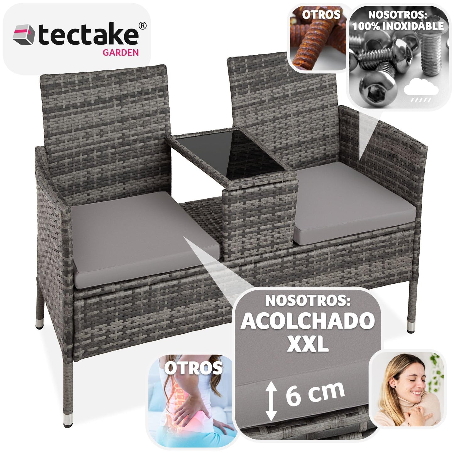 tectake® Banco de poliratán con cojines, Muebles Jardin Exterior, Mesita Cristal Integrada, Fácil de Limpiar, Conjunto Jardin Exterior, Muebles Terraza, Sillones Jardin Exterior - Negro