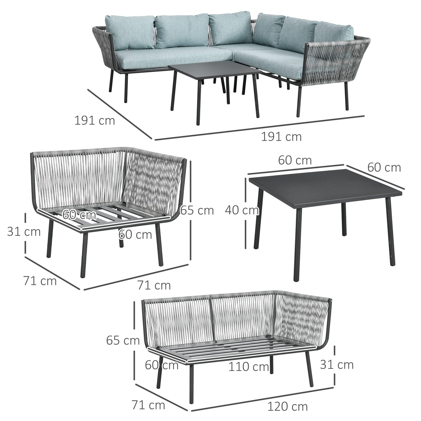 Outsunny Conjunto de Muebles de Ratán 4 Piezas con Marco de Aluminio Set de Muebles de Jardín 2 Sofá de 2 Plazas Sofá de Esquina Mesa de Centro con 6 Cojines Acolchados para Exterior Patio Gris