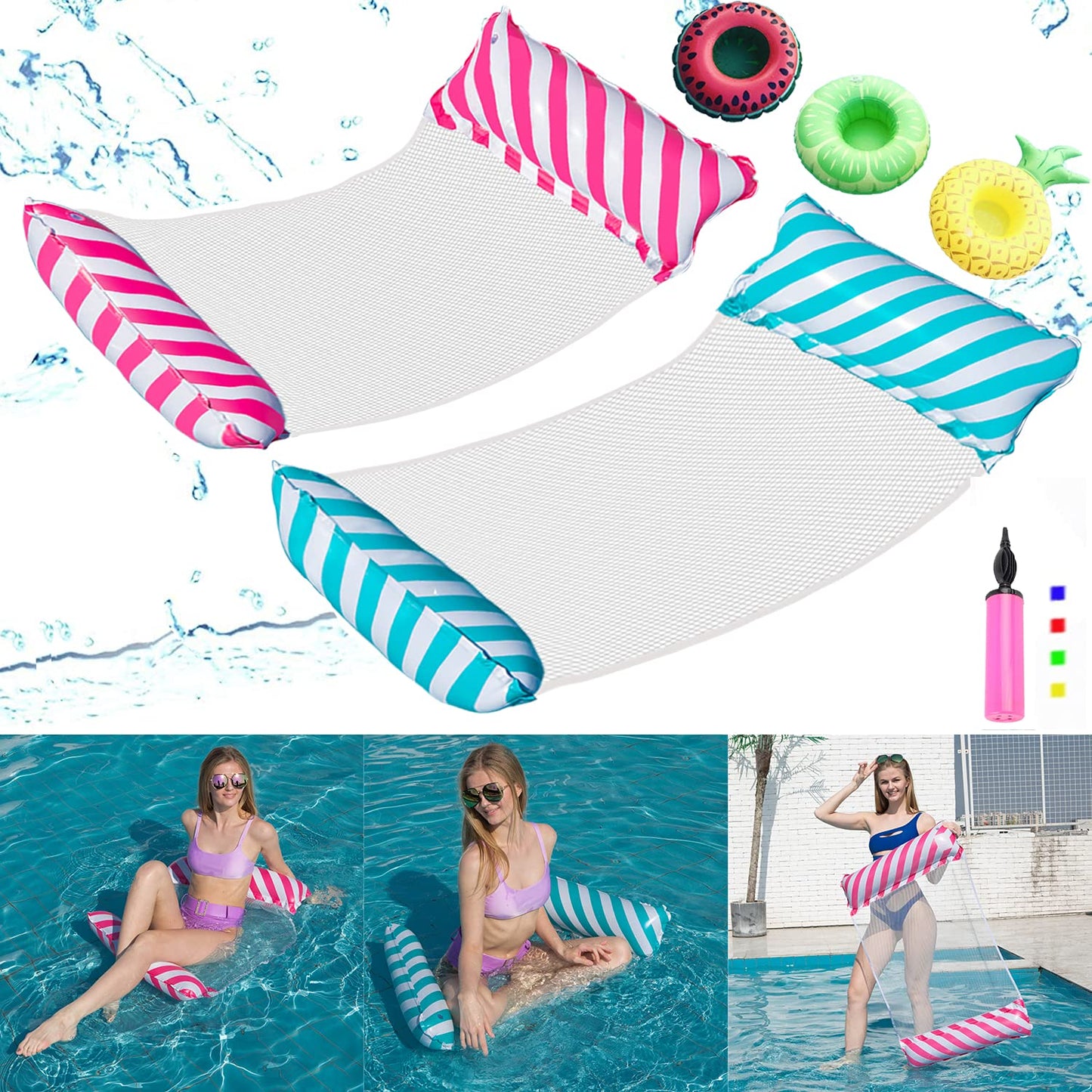 2PCS Hamaca Inflable, de Agua 4 en 1 Tumbona, Flotante colchoneta Piscina con Soporte Hinchable para Bebidas+Bomba de Aire