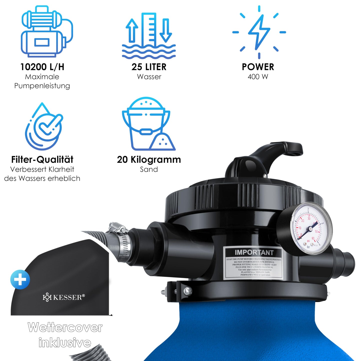 KESSER® Sistema de filtración de Arena Filtro de Arena + 700 g de Bolas de filtración reemplazan 25 kg de Arena de filtración válvula de 4 vías con indicador de presión Filtro de Piscina, Azul