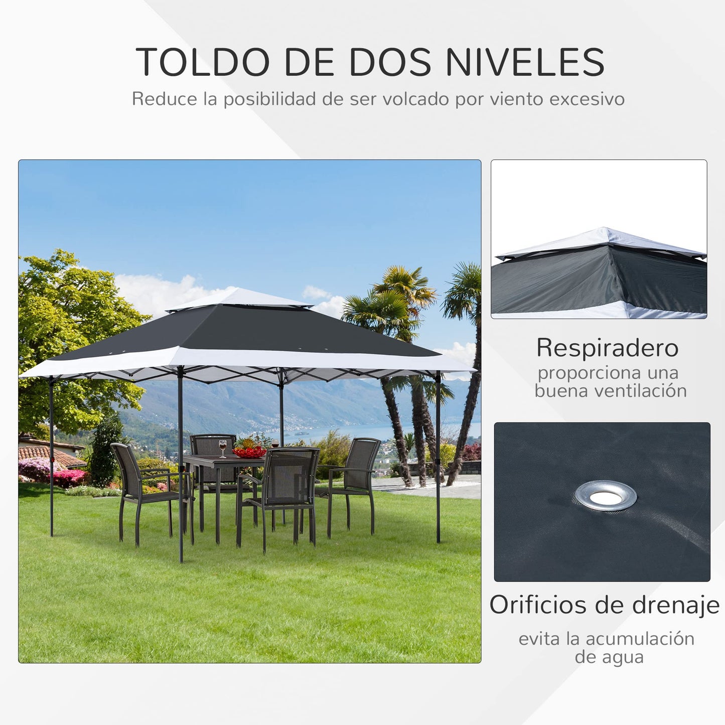 Outsunny Carpa de Fiesta Plegable 3,6x3,6 m Altura Ajustable en 3 Posiciones con Doble Techo y Bolsa de Transporte con Ruedas Marco de Acero Impermeable Gazebo para Jardín Exterior Gris y Blanco