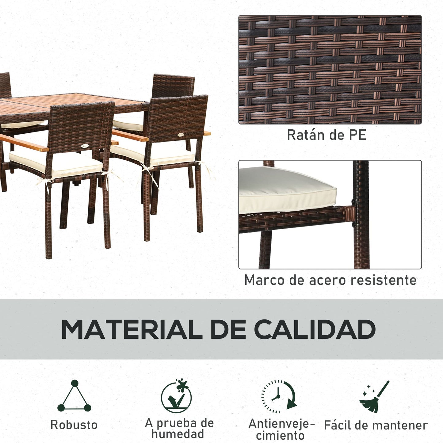 Outsunny Conjunto Muebles de Ratán Sintético para Jardín 7 Piezas Juego de Comedor de Mimbre para Exteriores con 6 Sillas con Cojines y Mesa 150x90x74 cm y 50x55x88 cm Marrón