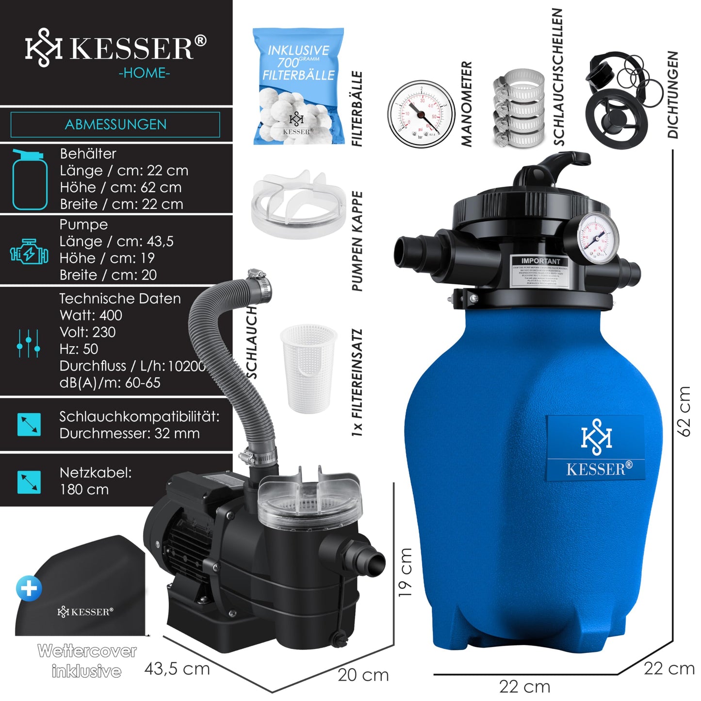 KESSER® Sistema de filtración de Arena Filtro de Arena + 700 g de Bolas de filtración reemplazan 25 kg de Arena de filtración válvula de 4 vías con indicador de presión Filtro de Piscina, Azul