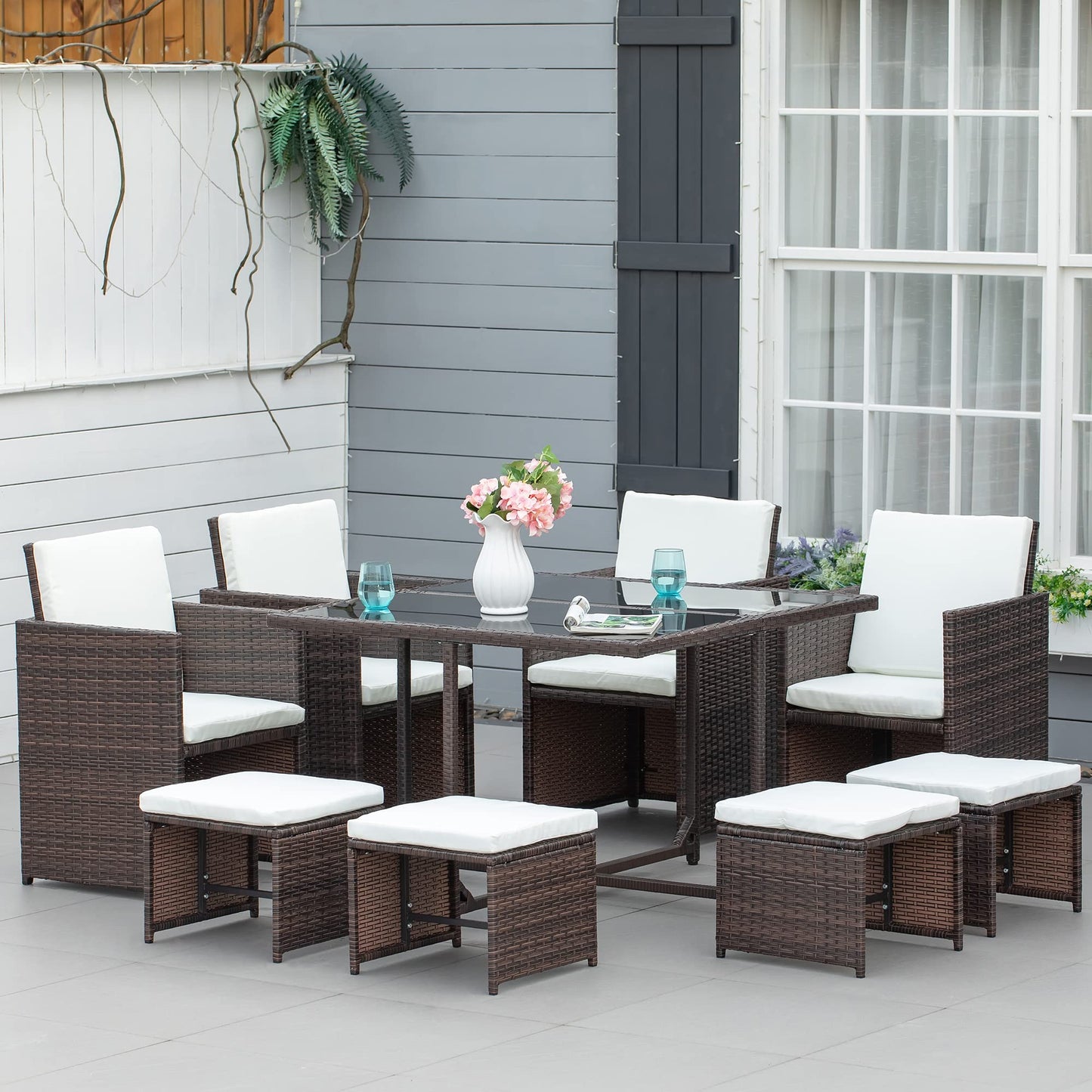 Outsunny Conjunto de Muebles de Jardín Comedor 9 Piezas de Ratán Apilables con Cojines para Terraza 1 Mesa 4 Sillas y 4 Taburetes de Exterior Elegante Marrón