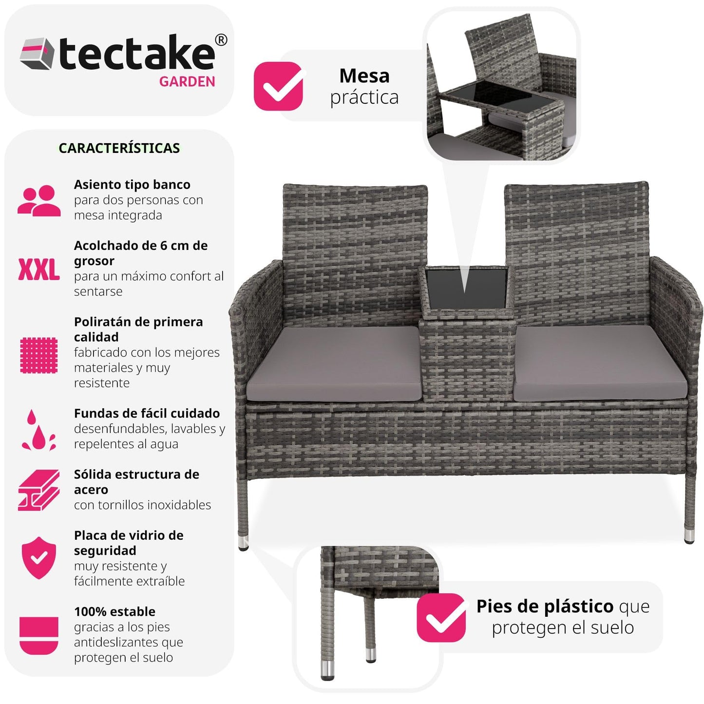 tectake® Banco de poliratán con cojines, Muebles Jardin Exterior, Mesita Cristal Integrada, Fácil de Limpiar, Conjunto Jardin Exterior, Muebles Terraza, Sillones Jardin Exterior - Negro