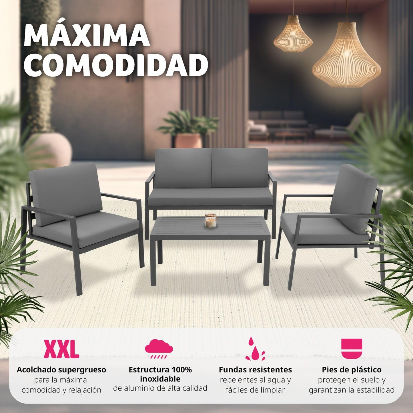 TecTake® Conjunto Muebles Jardín Exterior de Aluminio, 2 Sillones 1 Sofá y 1 Mesa, Mesa y Sillas de Terraza Resistentes a Intemperie, Topes en Patas, Cojines Extragruesos, Fundas Extraíbles - Gris