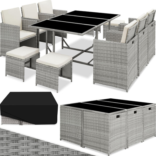 TecTake® Conjunto Jardín Exterior de Ratán y Acero, Compacto y Agrupable en Cubo, Muebles Jardín Exterior Resistentes a Rayos UV, para 6-10 Personas, Fundas Extraíbles y Funda Protectora - Gris Claro