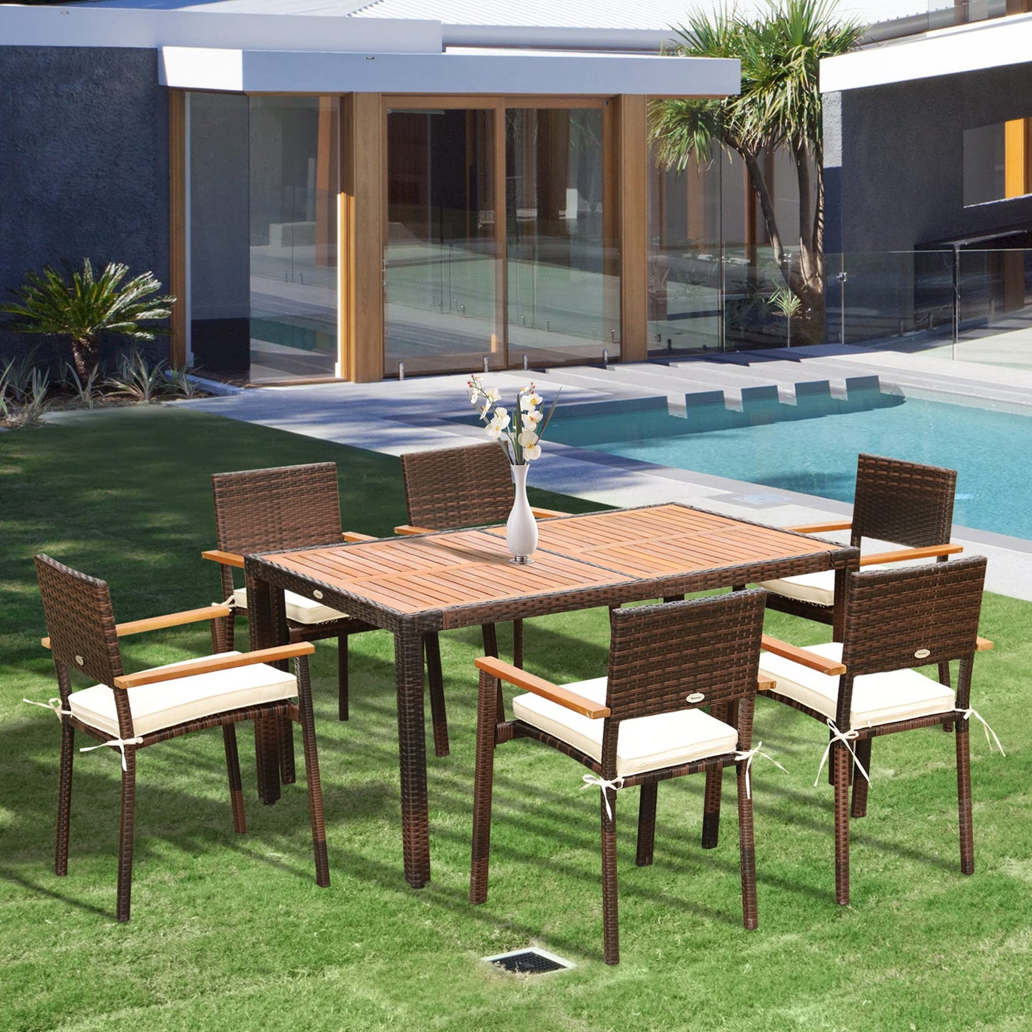 Outsunny Conjunto Muebles de Ratán Sintético para Jardín 7 Piezas Juego de Comedor de Mimbre para Exteriores con 6 Sillas con Cojines y Mesa 150x90x74 cm y 50x55x88 cm Marrón