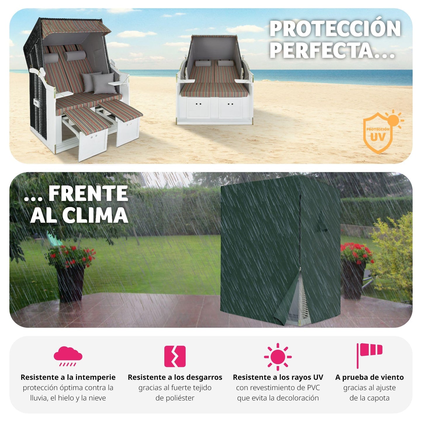 TecTake 800805 Sillón de Playa, Tumbona, Hamaca para jardín XXL, Banco Doble con toldo + Funda Protectora + 4 Cojines (Negro/Gris/marrón)