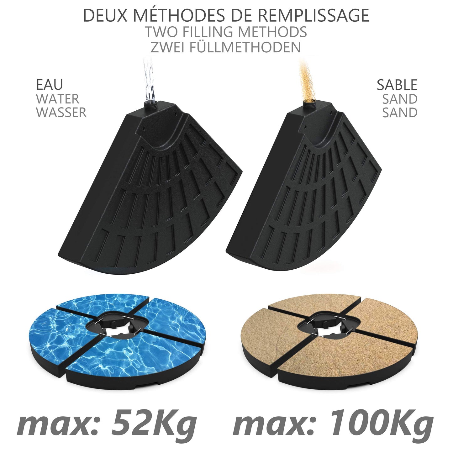 VOUNOT Base para Sombrilla, 4 Piezas de HDPE, Redonda Soporte Parasol o Paraguas, Rellenable con Arena 100kg o Agua 52L, para Jardin Patio Terraza, Negro