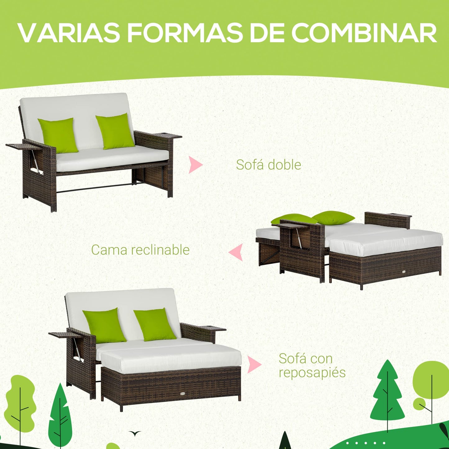 Outsunny Sofá de Ratán de 2 Plazas con Mesitas y Reposapiés de Almacenaje Tumbona de Jardín con Respaldo Inclinable y Cojines Gruesos Desenfundables 130x72x96 cm Marrón y Beige