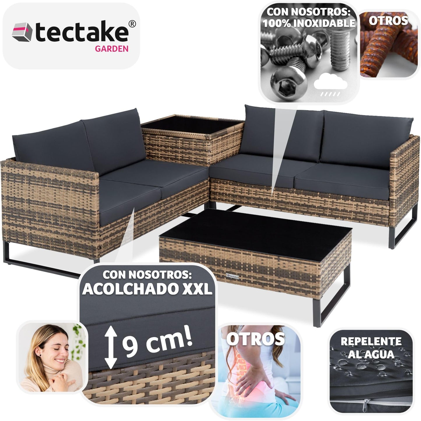 tectake® Conjunto Jardín de Ratán con Cojines Gruesos, Muebles Jardín Exterior 2 Sofás, 1 Mesa con Cristal, 1 Caja Almacenamiento, Conjunto Terraza Resistente a Rayos UV, Estructura en Acero - natural