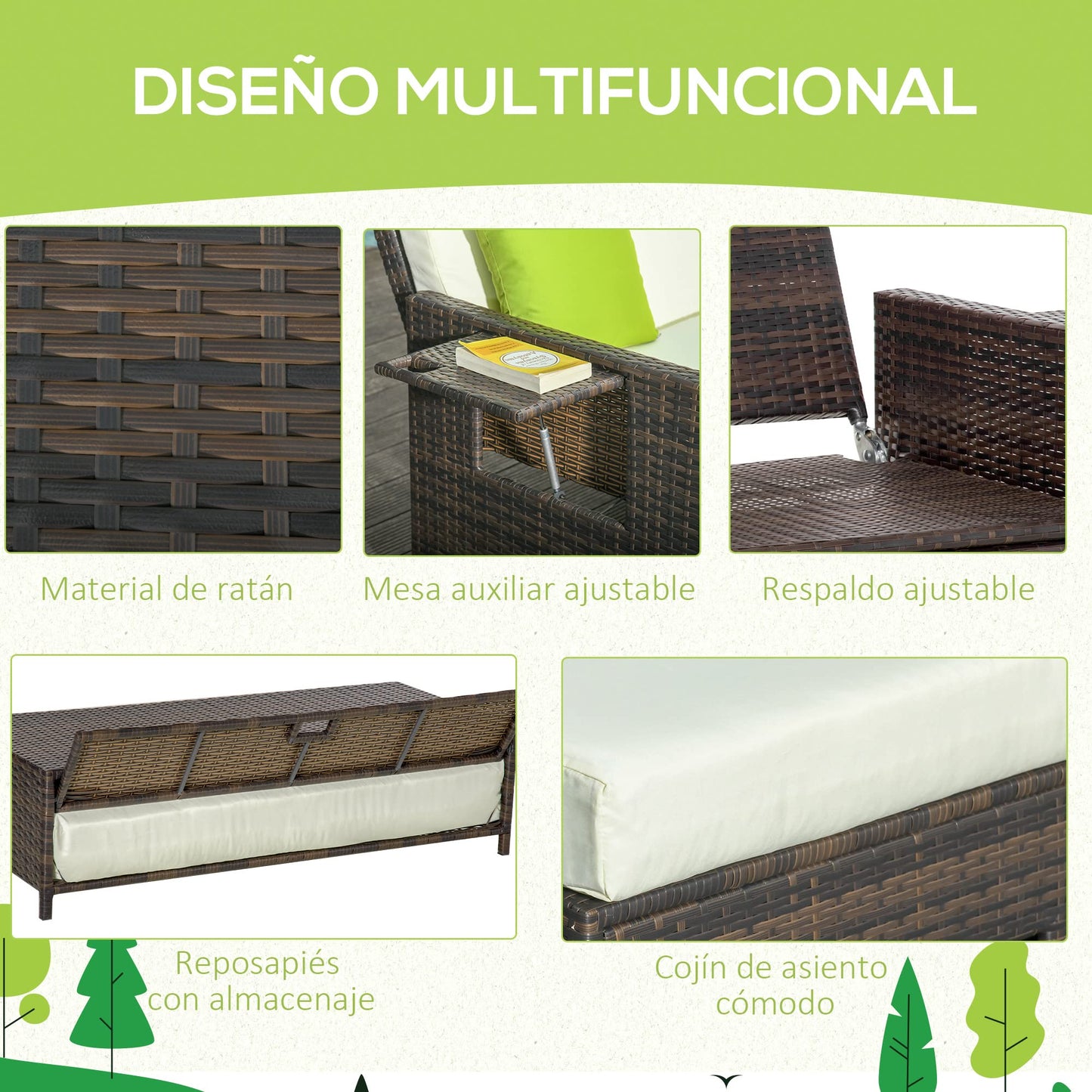 Outsunny Sofá de Ratán de 2 Plazas con Mesitas y Reposapiés de Almacenaje Tumbona de Jardín con Respaldo Inclinable y Cojines Gruesos Desenfundables 130x72x96 cm Marrón y Beige