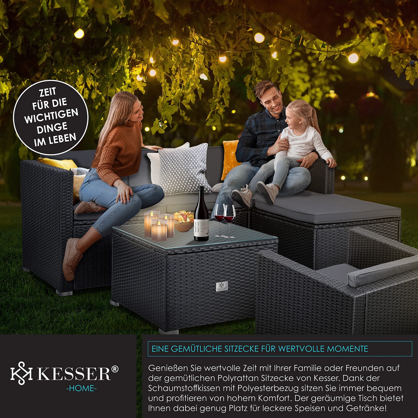 KESSER® Polyrattan Lounge Aruba, Juego de jardín para 4-5 Personas, Conjunto de Muebles de jardín, Grupo de 3 sofá de jardín, sillón, Taburete y Mesa Auxiliar con Cojines de Asiento